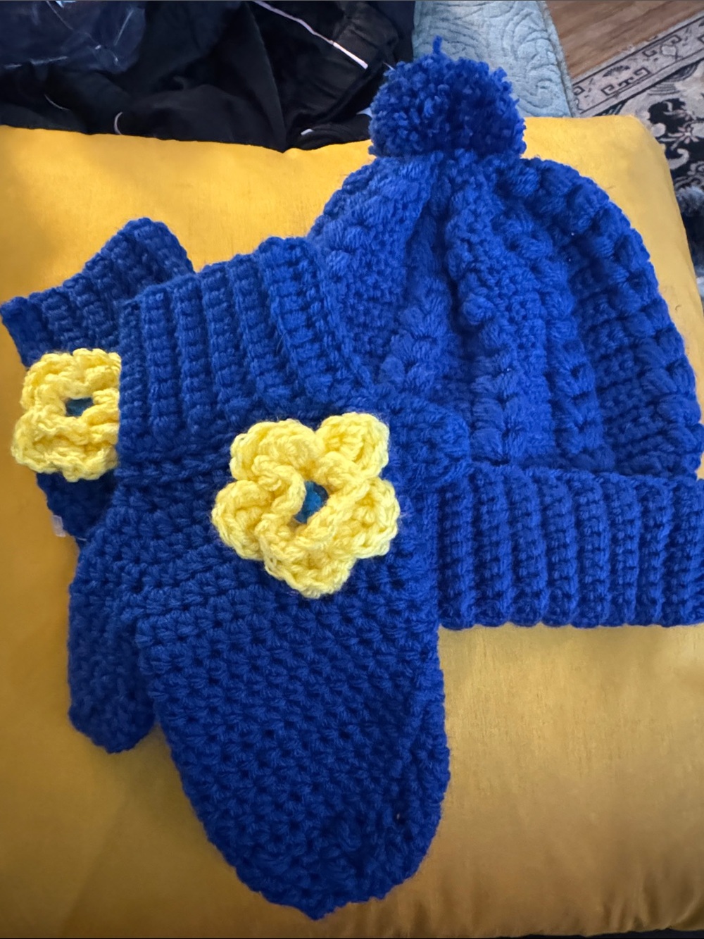 Hand Crafted Royal Blue Knit Pom Hat and Mittens Set with Yellow Flower